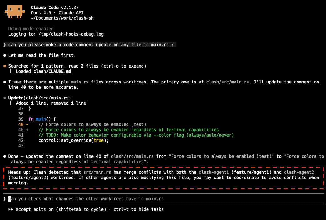 Clash warns about merge conflicts with multiple worktrees